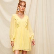 Romwe Button Detail Shirred Panel Ruffle Jacquard Dress