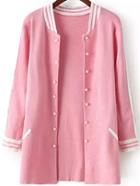 Romwe Striped Trim Buttons Knit Pink Coat