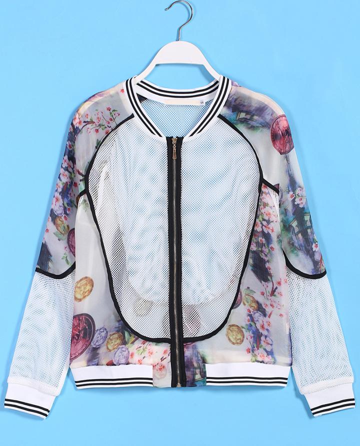 Romwe Coin Print Sheer Mesh Coat