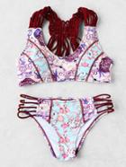 Romwe Calico Print Weave Detail Strappy Bikini Set