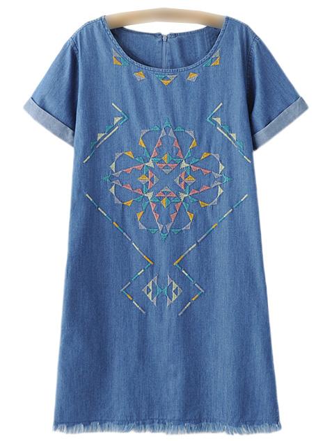 Romwe Blue Roll Cuff Zipper Back Embroidery Denim Dress