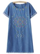 Romwe Blue Roll Cuff Zipper Back Embroidery Denim Dress