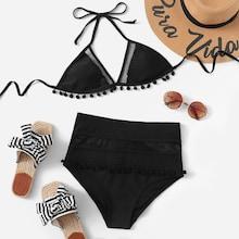 Romwe Net Panel Pom-pom Hem Bikini Set