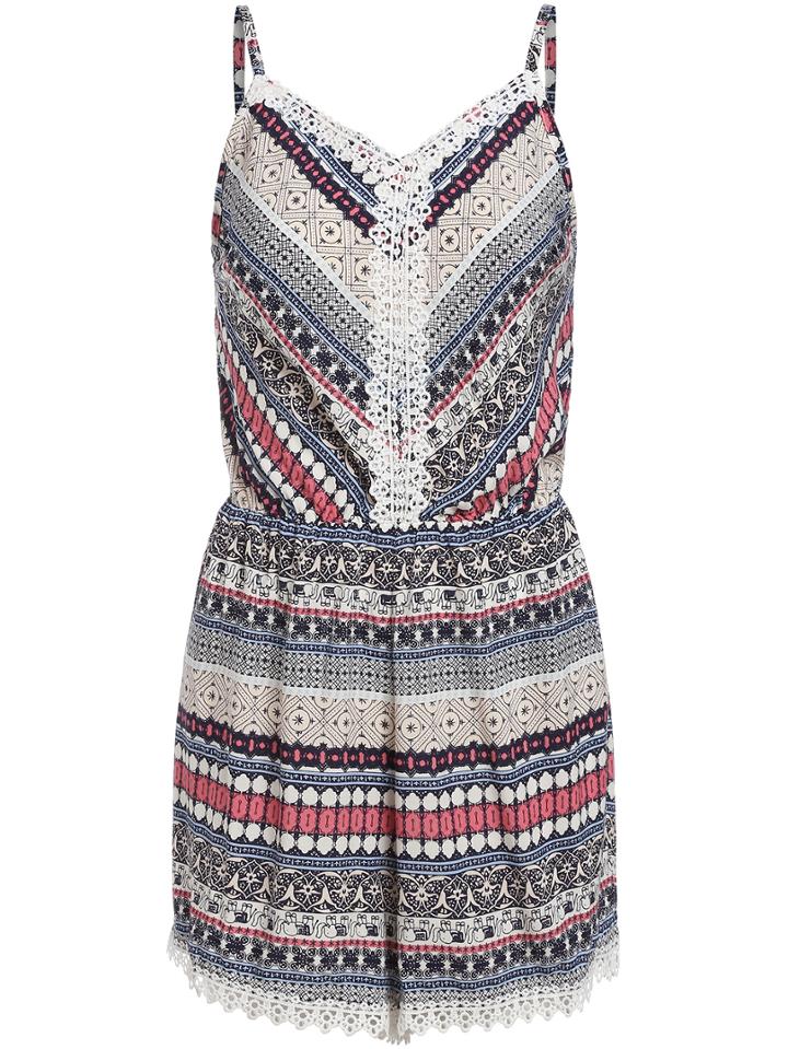 Romwe Spaghetti Strap Aztec Print Contrast Lace Romper