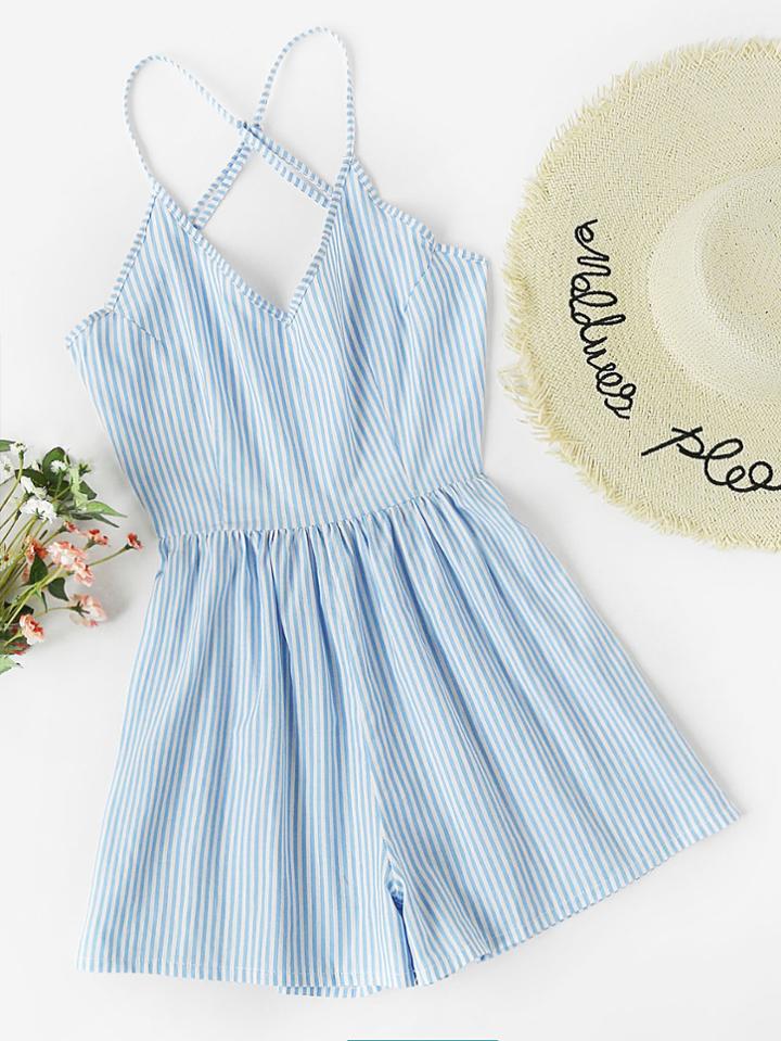 Romwe Adjustable Strappy Criss Cross Open Back Playsuit