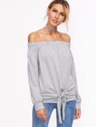 Romwe Grey Off The Shoulder Knotted Sweatshirt