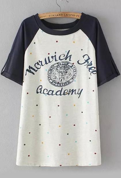 Romwe Polka Dot Letter Print Navy T-shirt