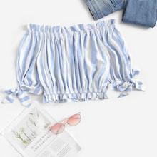 Romwe Knot Cuff Striped Lettuce Frill Crop Blouse