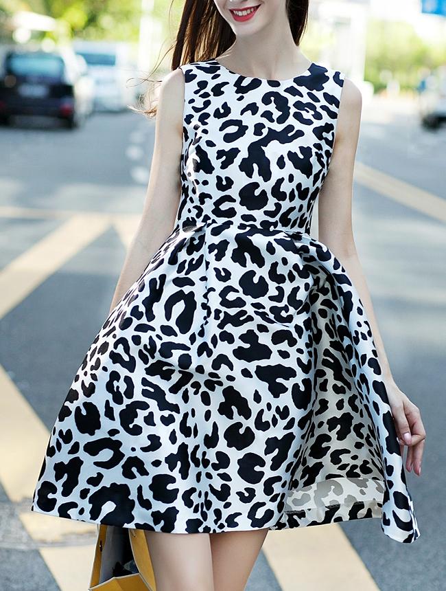 Romwe White Round Neck Sleeveless Leopard Print Dress