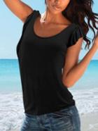 Romwe Black Scoop Neck Ruffle Sleeve T-shirt