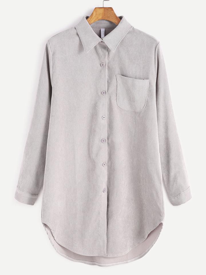 Romwe Pale Grey Corduroy High Low Pocket Shirt