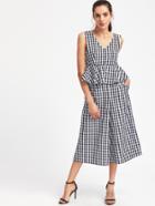 Romwe Frill Hem Open Back Wide Leg Checked Jumpsuit