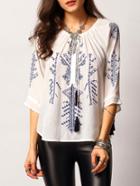 Romwe Lace Up Embroidered Blouse