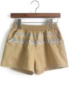 Romwe Elastic Waist Vintage Ebroidered Khaki Shorts