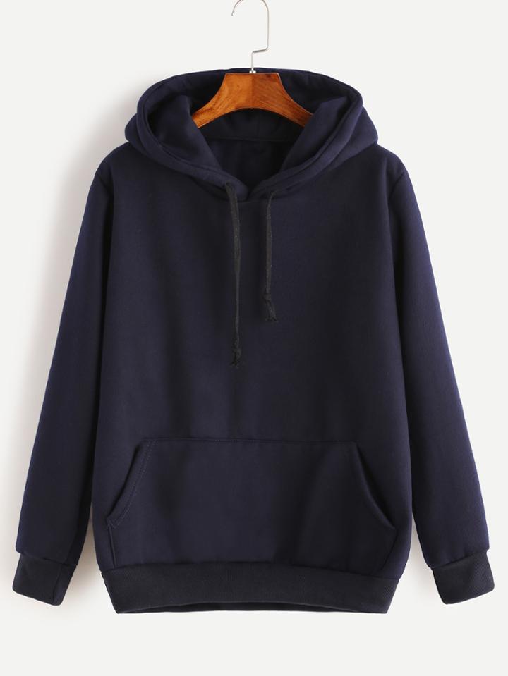 Romwe Navy Drawstring Hooded Pocket Sweatshirt