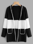 Romwe Hooded Color Block Ribbed Coat