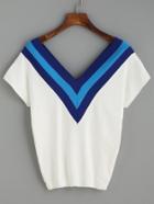 Romwe White V Neck Striped Knitted T-shirt