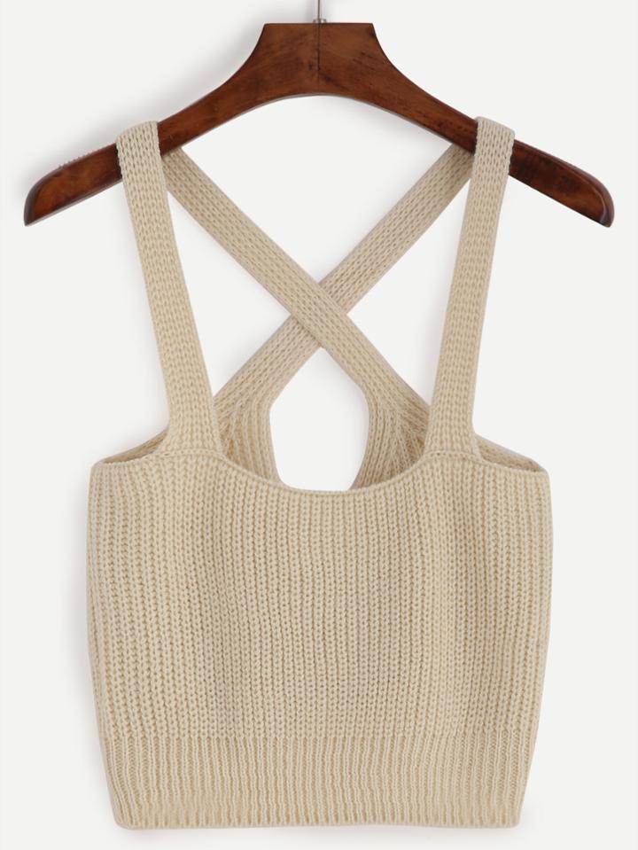 Romwe Apricot Crisscross Wide Strap Knit Top