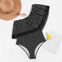 Romwe Lace Hem Random Polka Dot Swimsuit