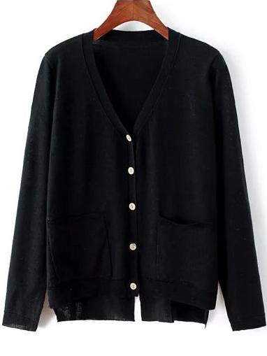 Romwe Dip Hem Pockets Slit Back Black Cardigan