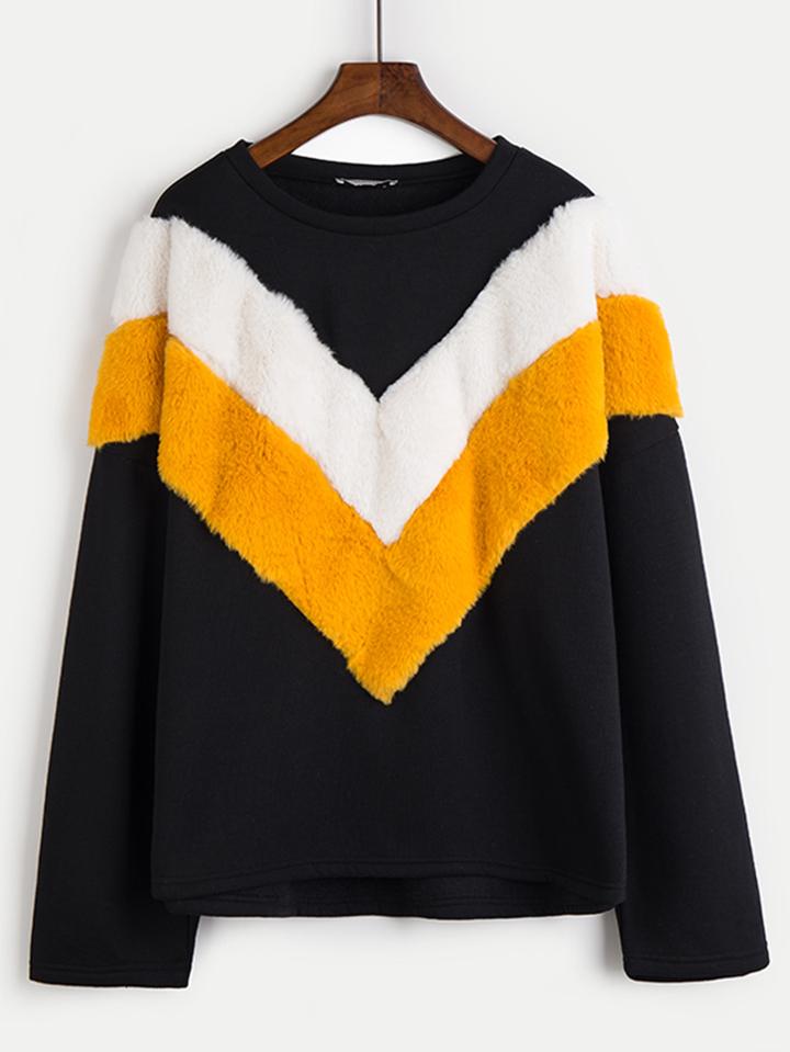 Romwe Cut And Sew Faux Fur Panel Sweatshirt