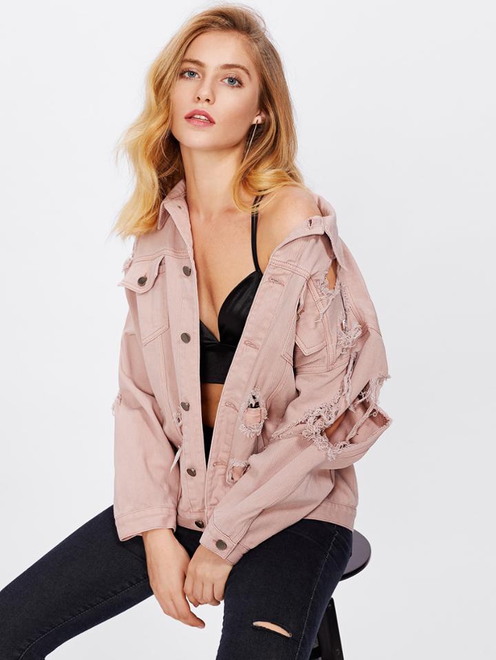 Romwe Pink Wash Destroyed Jacket