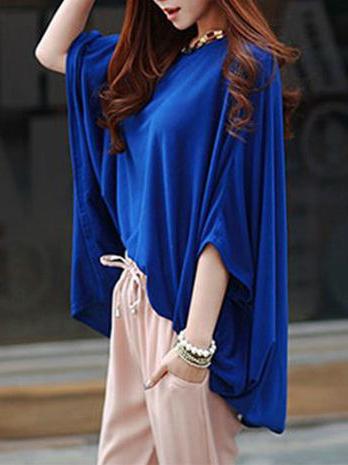 Romwe Blue Bat Sleeve Loose T-shirt