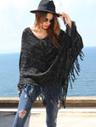 Romwe Black Long Sleeve Tassel Hem Sweater Cape