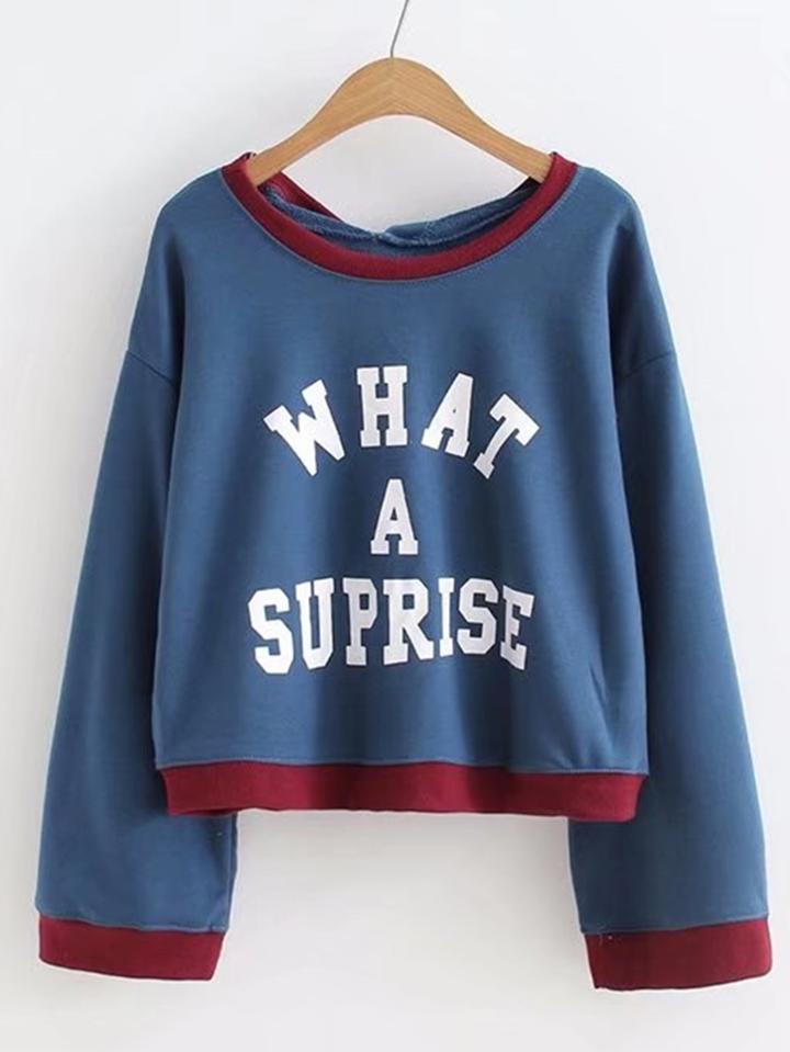 Romwe Slogan Print Contrast Trim Hoodie
