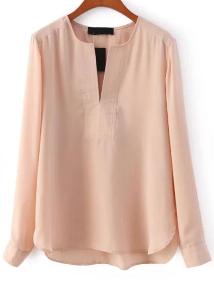 Romwe V Neck Long Sleeve Chiffon Apricot Blouse