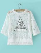 Romwe Triangle Letter Print Lace White T-shirt