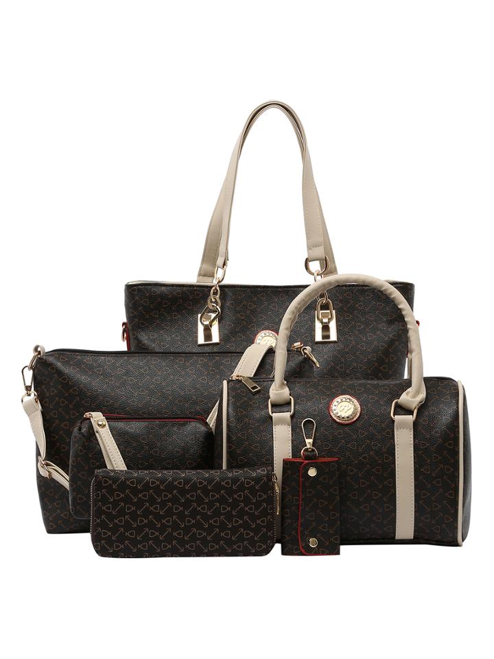 Romwe 6pcs Faux Leather Printed Bag Set
