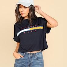 Romwe Letter Print Crop Boxy T-shirt