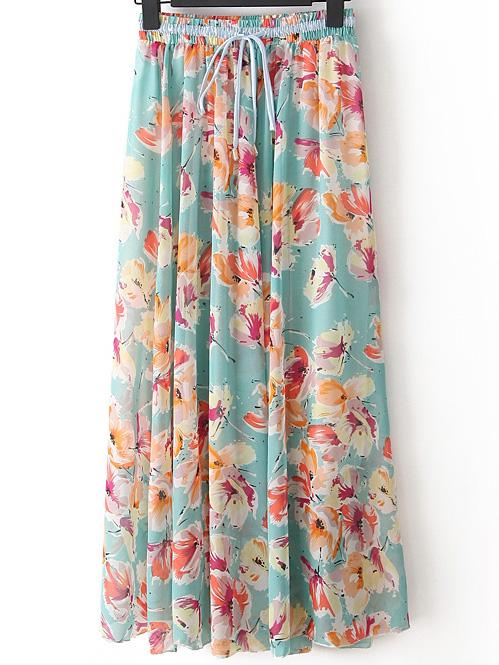 Romwe Butterfly Print Pleated Green Skirt With Drawstring