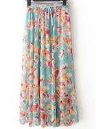 Romwe Butterfly Print Pleated Green Skirt With Drawstring