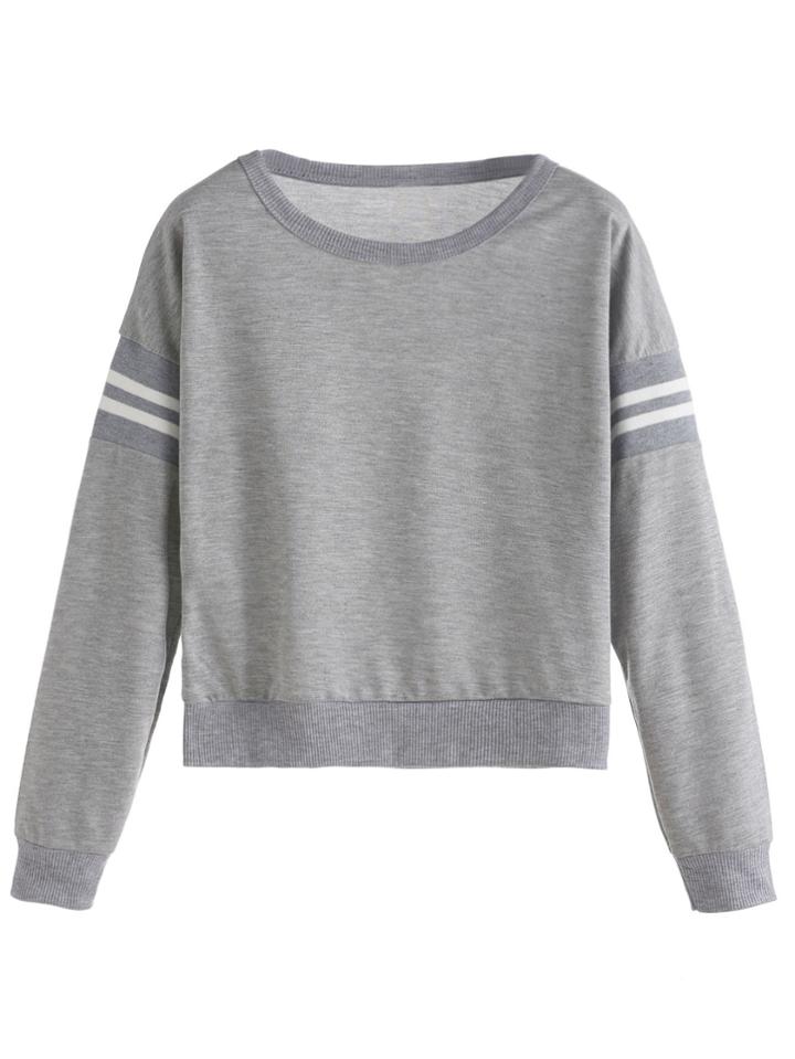 Romwe Grey Varsity Striped Crop Sweatshirt