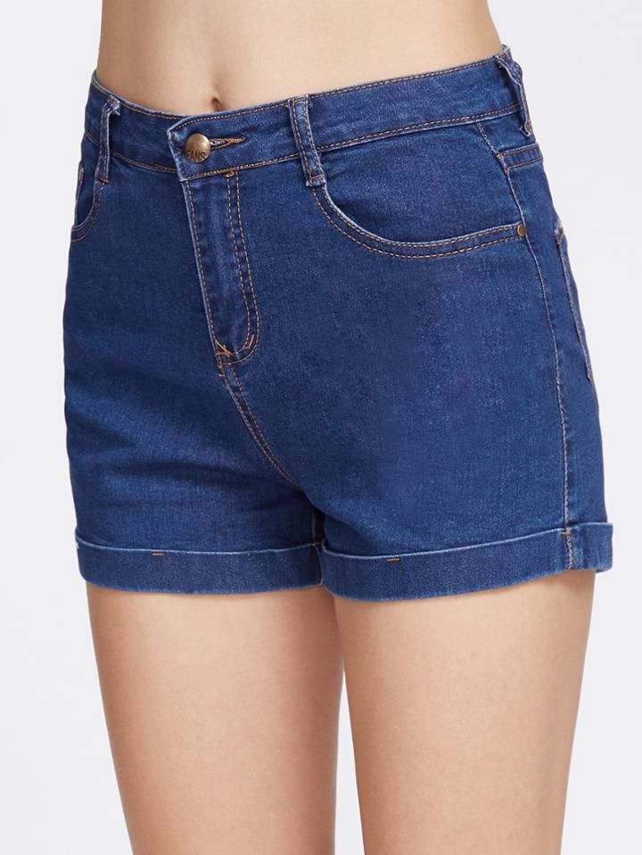 Romwe Blue Cuffed Hem Denim Shorts