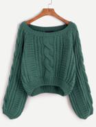 Romwe Green Scoop Neck Cable Knit Crop Sweater