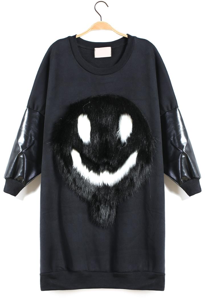 Romwe Faux Fur Smiley Print Black Sweatshirt