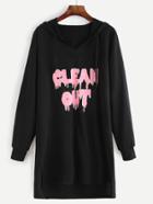 Romwe Black Slogan Print High Low Slit Hooded Sweatshirt Dress