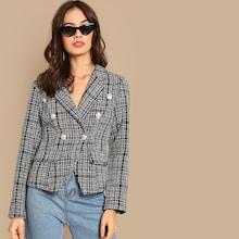 Romwe Notch Collar Double Breasted Tweed Coat