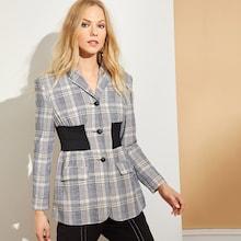 Romwe Contrast Shirred Waist Plaid Blazer