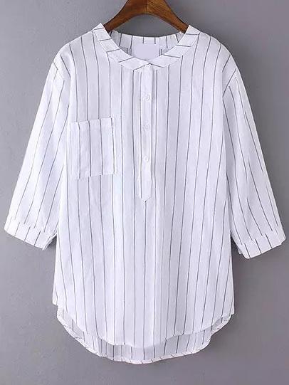 Romwe Half Sleeve Vertical Striped Pocket White Blouse