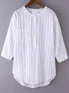 Romwe Half Sleeve Vertical Striped Pocket White Blouse