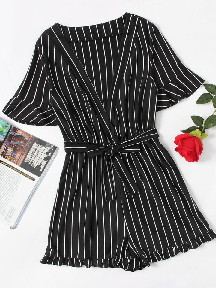 Romwe Plunging V-neckline Striped Self Tie Frill Romper