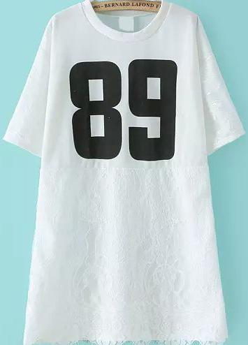 Romwe Number Print Irregular Lace Hem White T-shirt