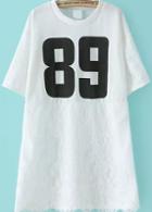 Romwe Number Print Irregular Lace Hem White T-shirt