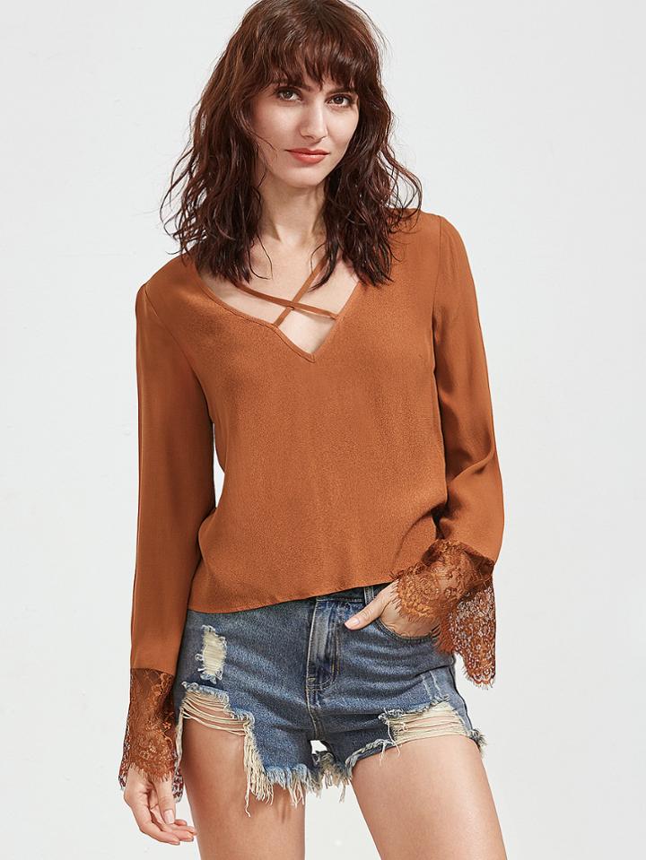 Romwe Khaki V Neck Criss Cross Contrast Lace Blouse