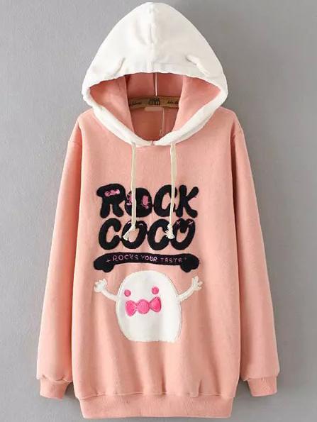 Romwe Hooded Drawstring Flocked Letter Patterned Pink Sweatshirt