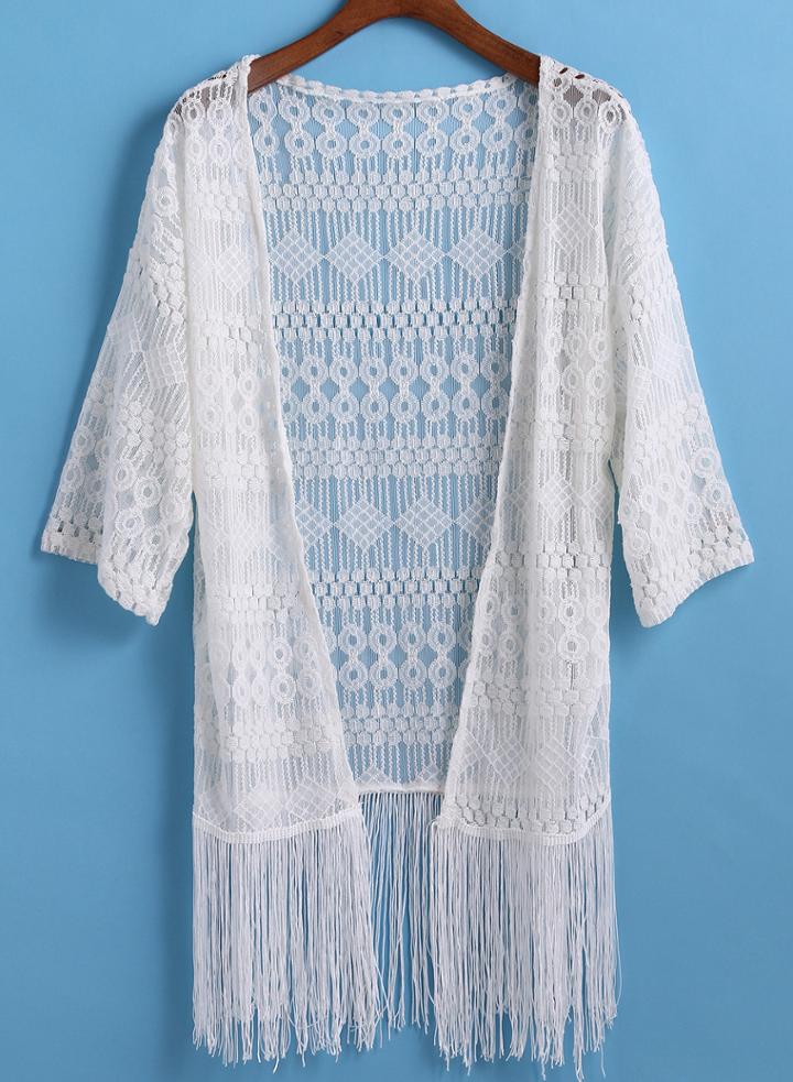 Romwe With Tassel Hollow White Top